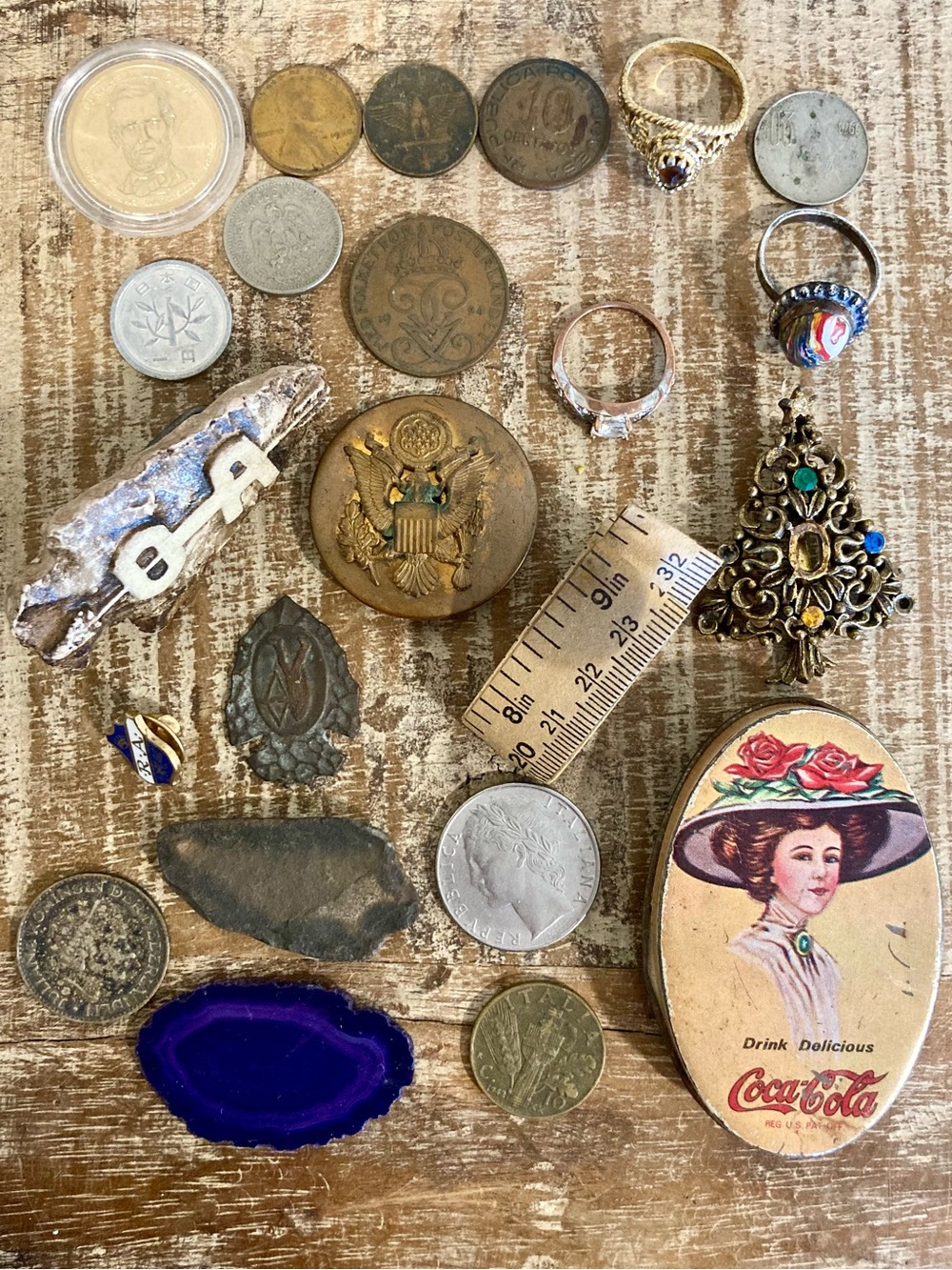 Junk Drawer Lot - Coins Rocks Tin Measuring Tape Broken Junk Jewelry